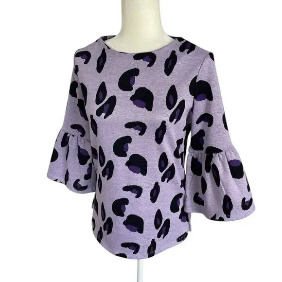 Tyler Boe Leopard Print Knit Top Bell Sleeves Purple Sz XS Preppy Modern Chic - Picture 2 of 10